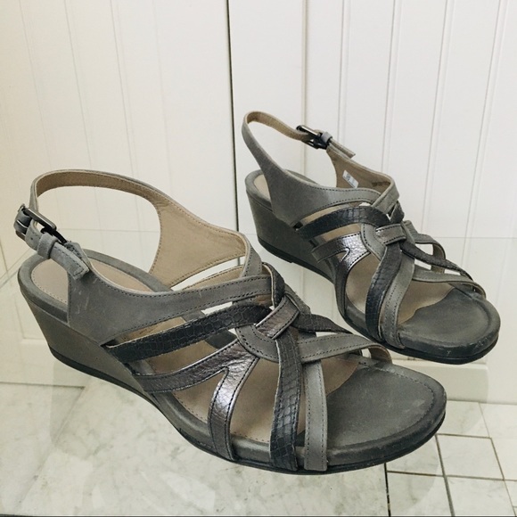 Ecco Touch 45 Grey Leather Wedge Heels Sandals - Picture 6 of 14